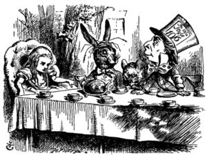 Alice, the March Hare, and the Mad Hatter have tea at a crowded tea table