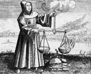 A black and white engraving of Roger Bacon conducting an alchemical experiment