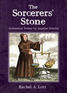 Book cover for The Sorcerers' Stone by Angelus Silesius, featuring a woodcut of Roger Bacon doing alchemy